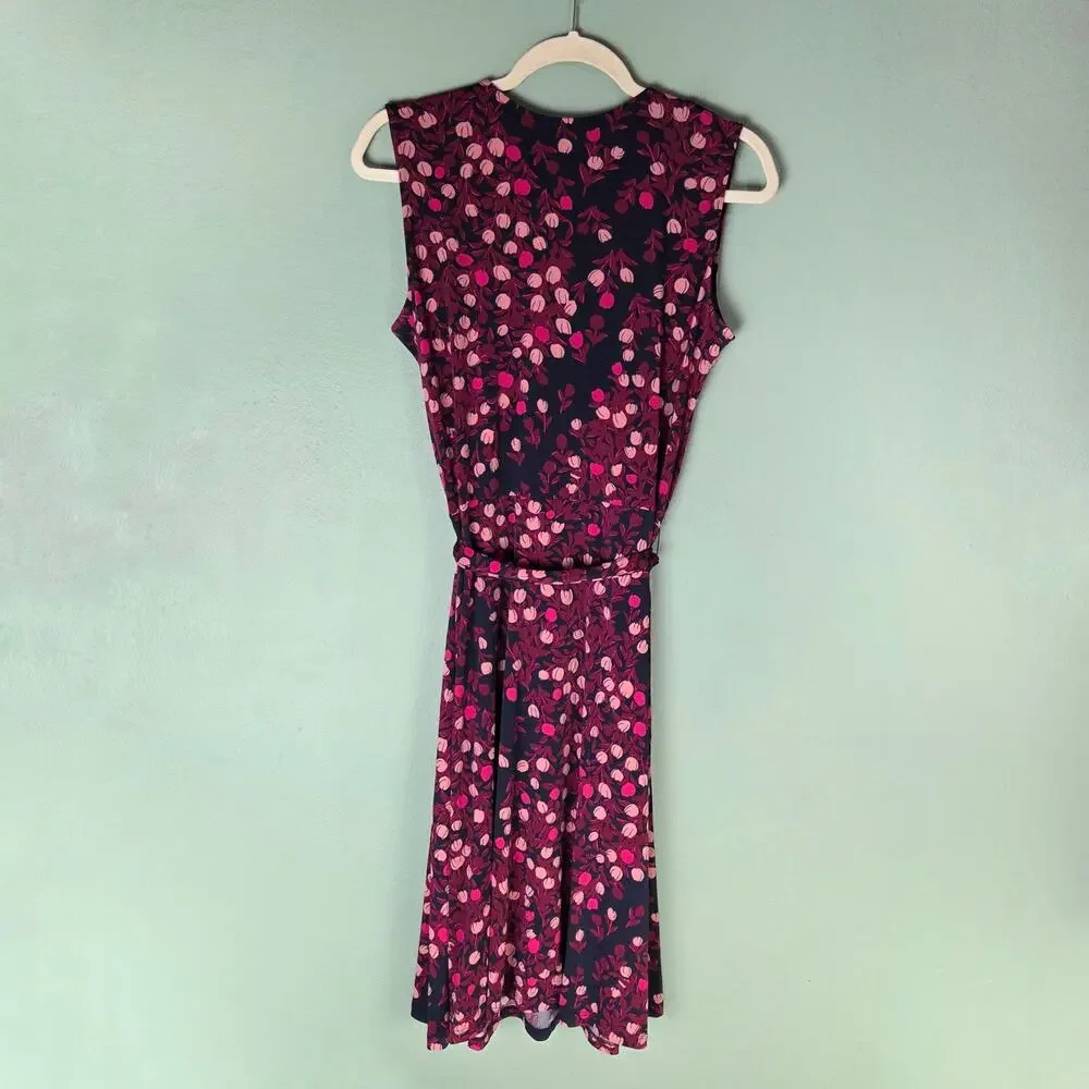 Leota Womens L Aneeka Floral Print Faux Wrap Jersey Sleeveless Dress Dark Purple